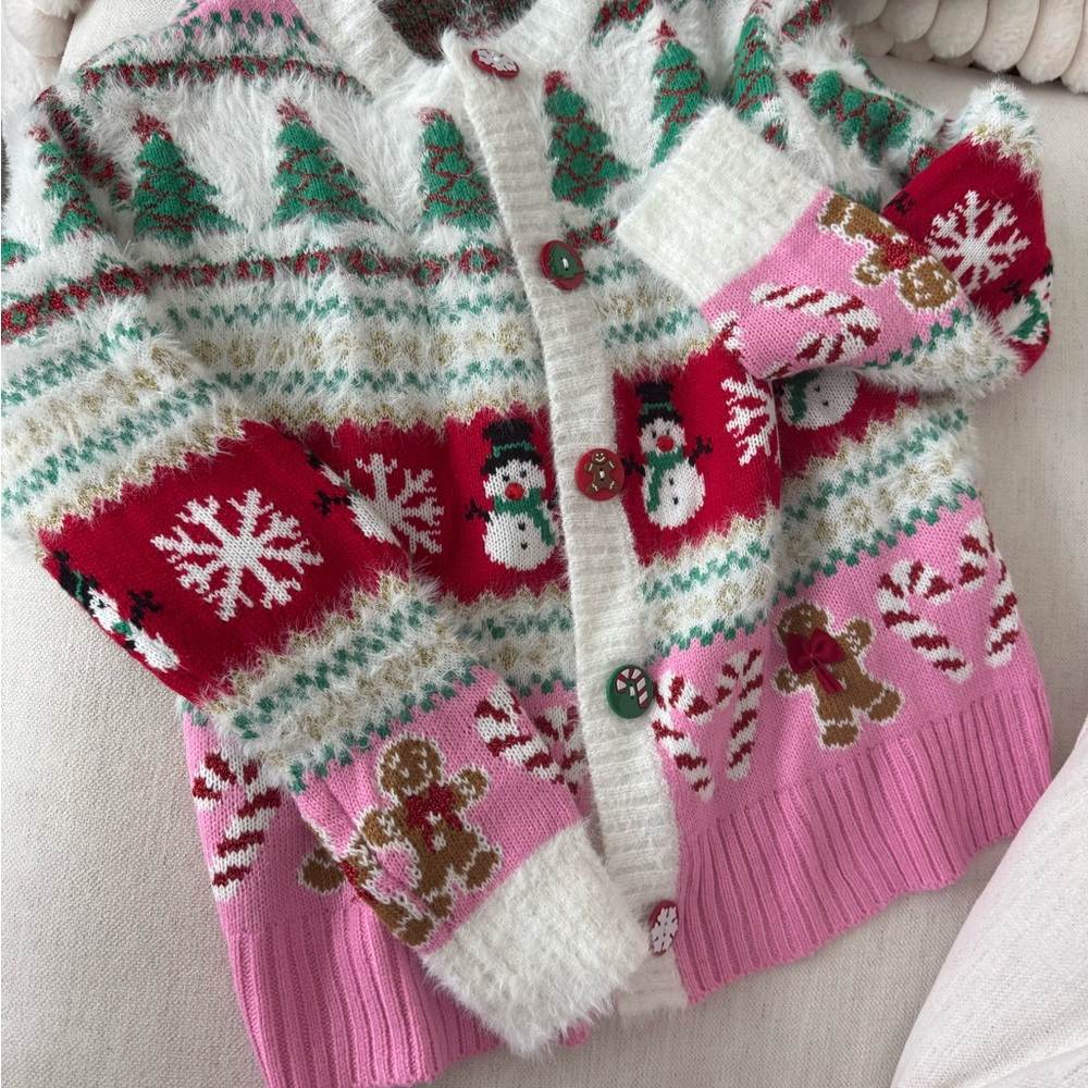 Festive Holiday Cardigan with Snowman and Gingerbread Design